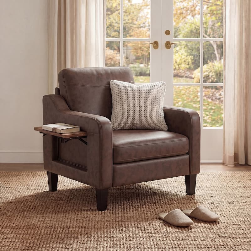 Modern Accent Chair with Wooden Armrest Comfortable Single Sofa Armchair for Living Room Bedroom Reading - Chocolate