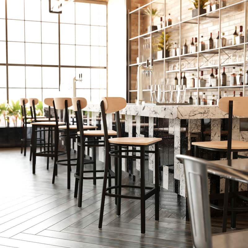 Commercial Metal Barstool with Wood Seat and Boomerang Back