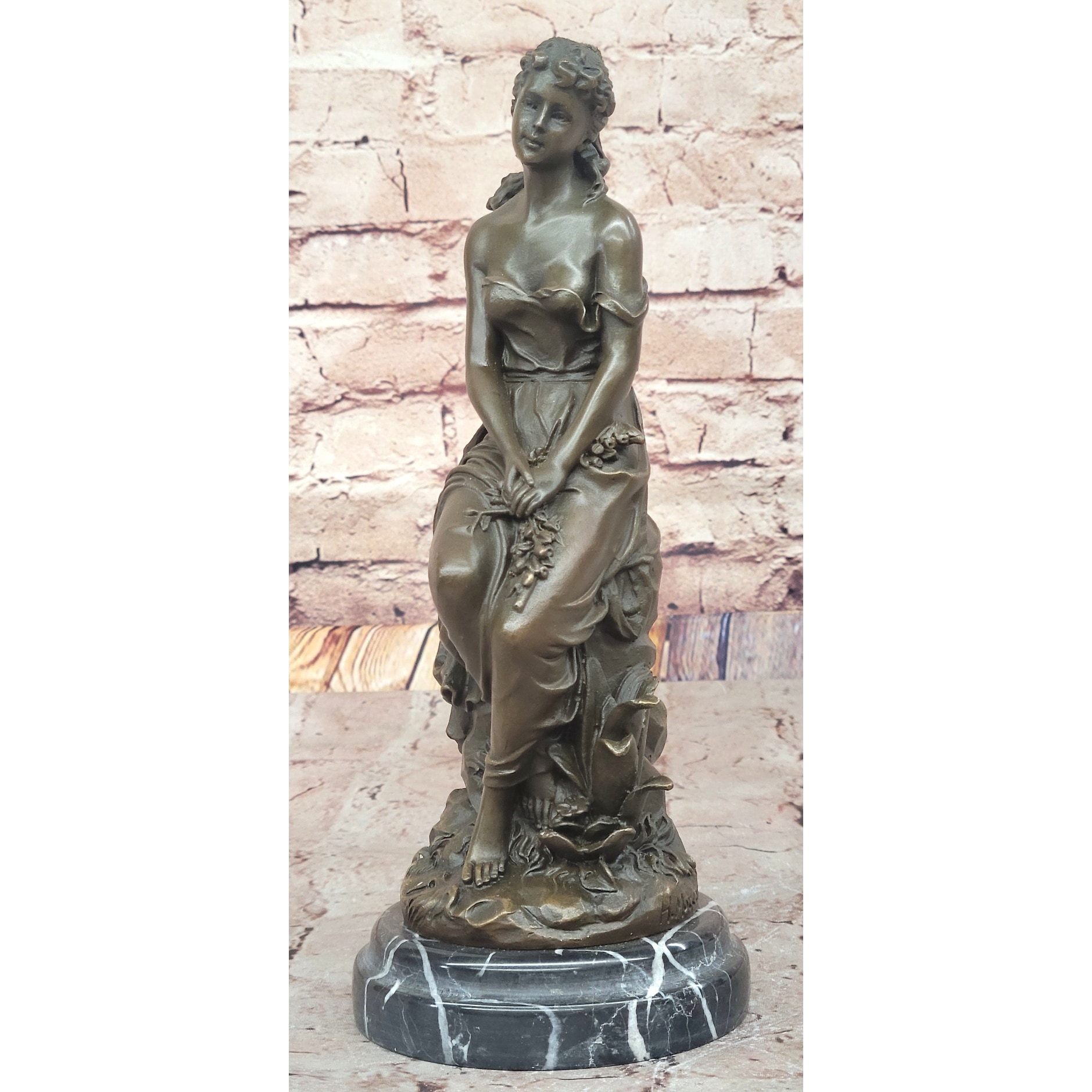 Hyppolyte Moreau Bronze Maiden Sitting On Floral Base Sculpture With Marble Pedestal