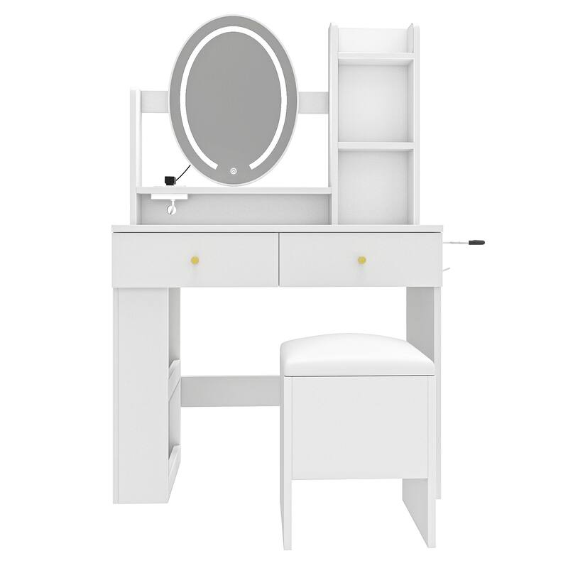 Moasis Makeup Vanity Set With Storage Ottoman and LED Lighted Mirror & Charge Station