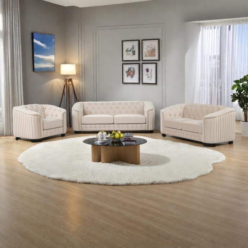 3-Pieces 6-Seat Velvet Sofa Set (3+2+1) with Rubber Wood Legs & Tufted Back - Beige