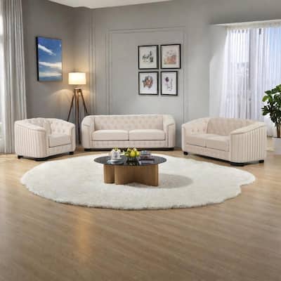 3-Pieces 6-Seat Velvet Sofa Set (3+2+1) with Rubber Wood Legs & Tufted Back