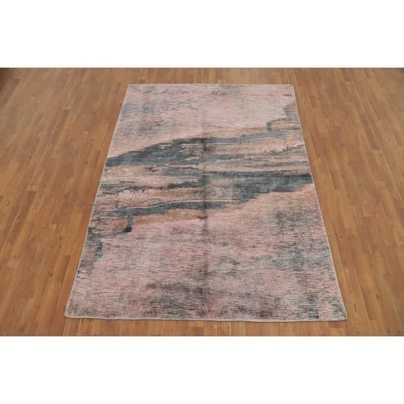 Hand Knotted Oriental Viscose Silk Carpet Modern Pictorial Pink Abstract Area Rug - 7' 9'' X 5' 7''