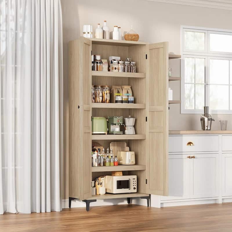 Tall Storage Cabinet,2 Glass Doors, Kitchen Pantry 5 Tier Bathroom Cabinet