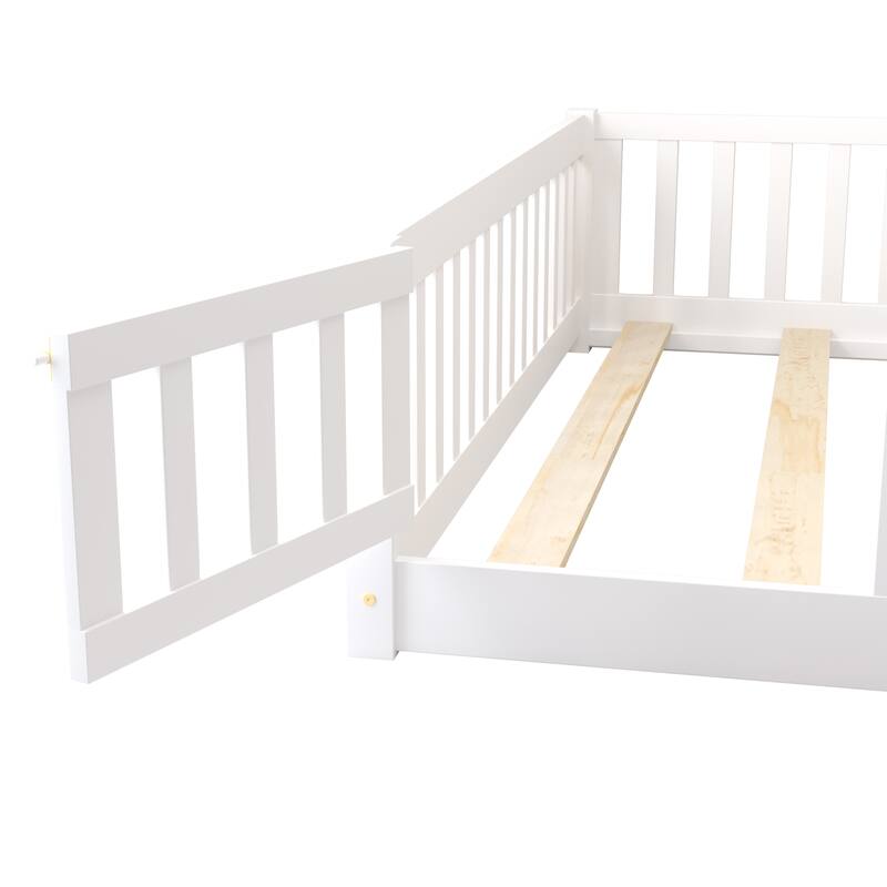 Floor Platform Bed with Fence Guardrails and Door