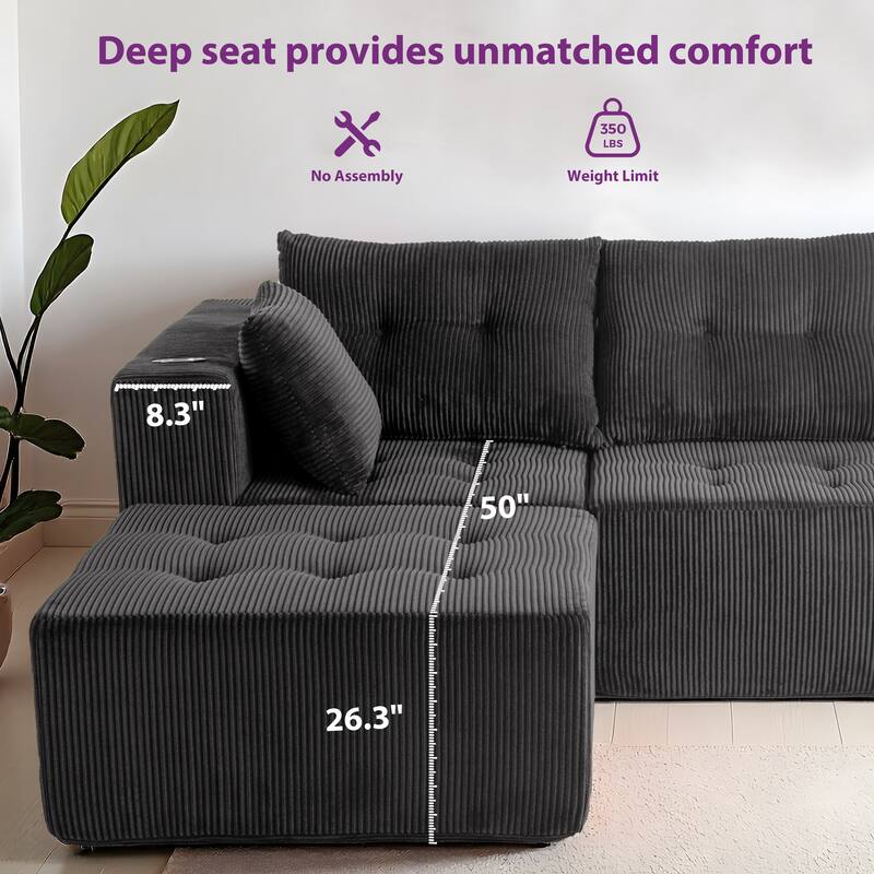 Corduroy Modular Sectional Sofa - 35.8"D x 101"W x 26.3"H