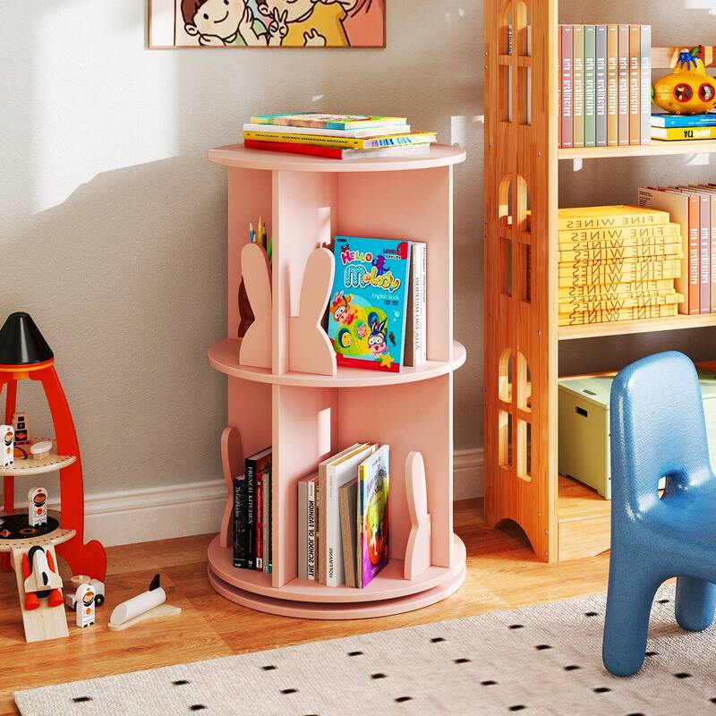 MDF Kids Rotating Bookshelf 8 Compartments 360-degree Swivel with Bunny Baffles - 16" L x 16” W x 25.5" H