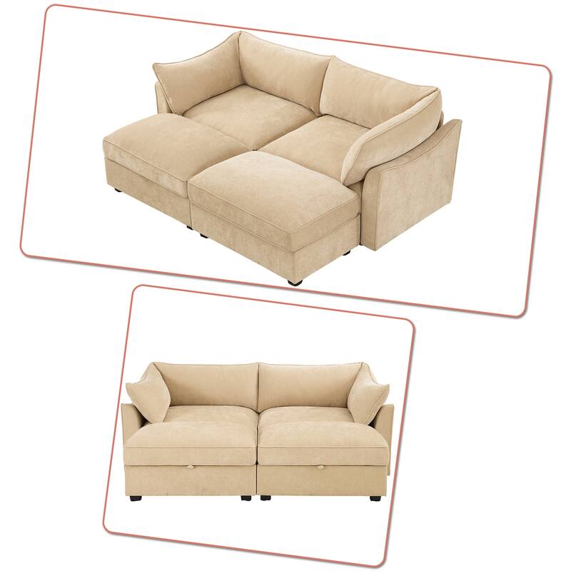 Chenille Fabric Upholstered Sectional Sofa with Under-Seat Drawers and Storage Ottoman