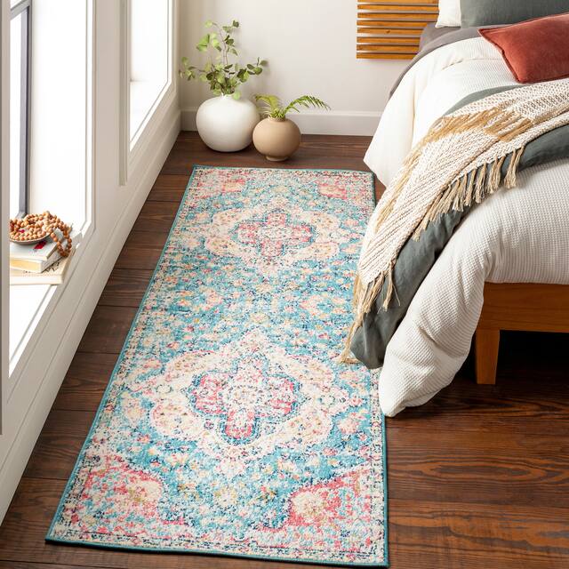 Hal Vintage Boho Traditional Pink Medallion Area Rug - 2'7" x 7'6" Runner - Light Blue