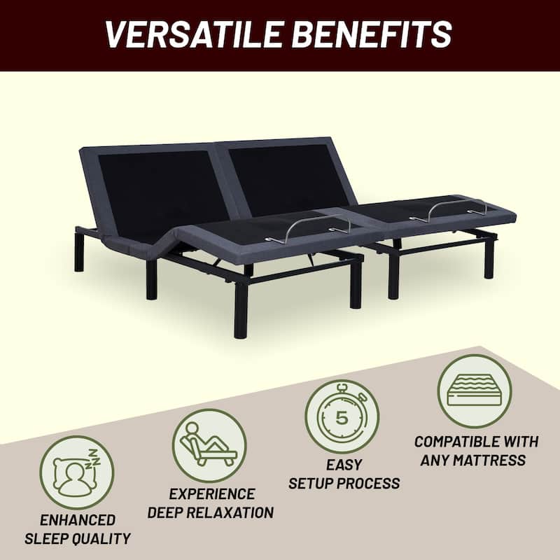 Adjustable Bed Base Frame with Zero-Gravity Positioning, Massage Options and Independent head and Foot Incline Adjustments