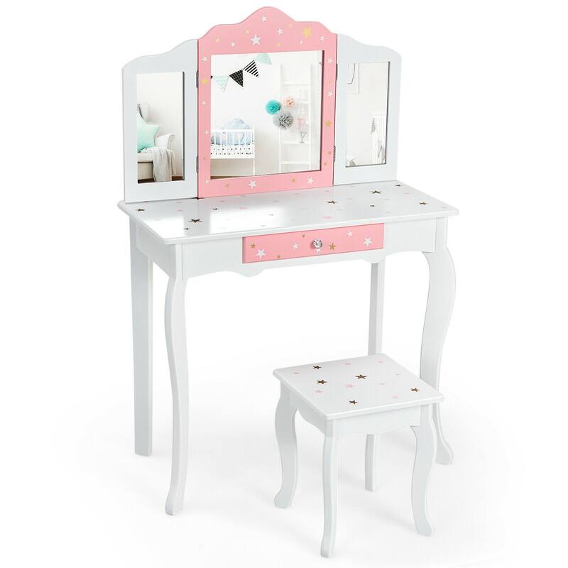 Gymax Kids Vanity Princess Makeup Dressing Table Chair Set W/ - See Details - White