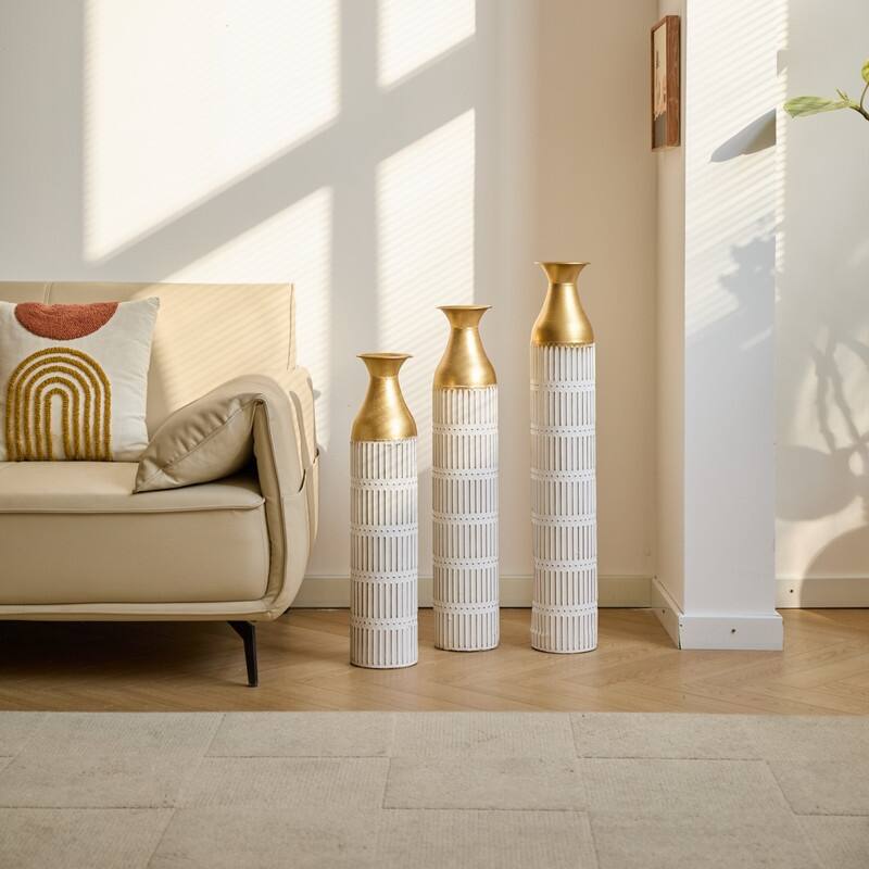 Set of 3 Tall White & Gold Metal Cylinder Vases - Glam Geometric Floor Vases for Modern Home Decor (24", 28.7", 33.4" Heights)