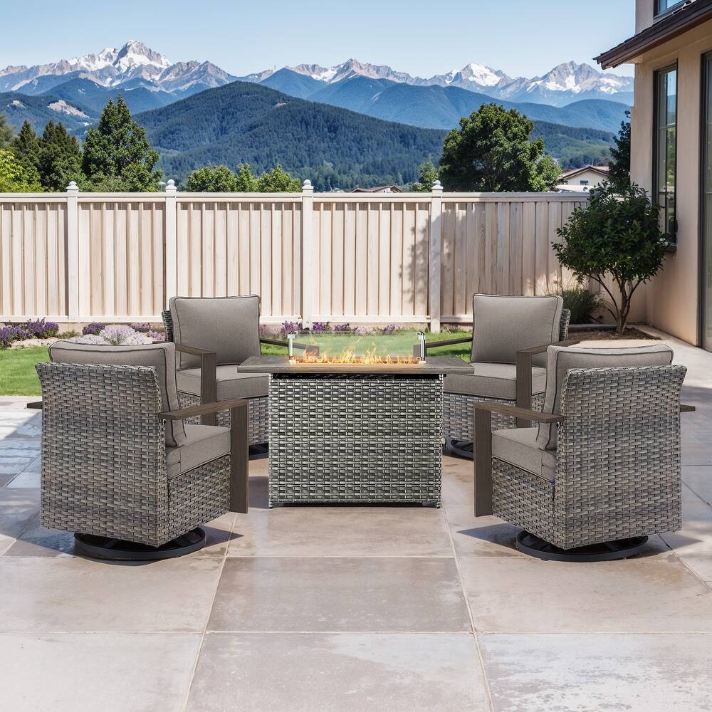 Pocassy 5 Pieces Outdoor Wicker Chair with Fire Table Set