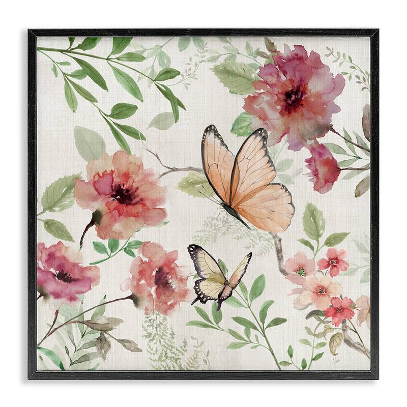 Stupell Butterflies over Wild Cottage Flowers Framed Giclee Art Design By Nan - 12 x 12 - Black