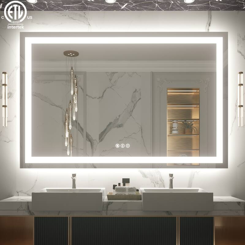 Large Rectangular Frameless Anti-Fog LED Light Wall Mounted Bathroom Vanity Mirror in White - N/A