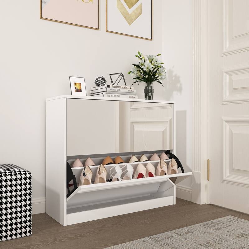 Mirror Shoe Storage Cabinet, Freestanding Narrow Slim Shoe Organizer, Hidden Shoe Rack with 3 Layers Flip Drawer