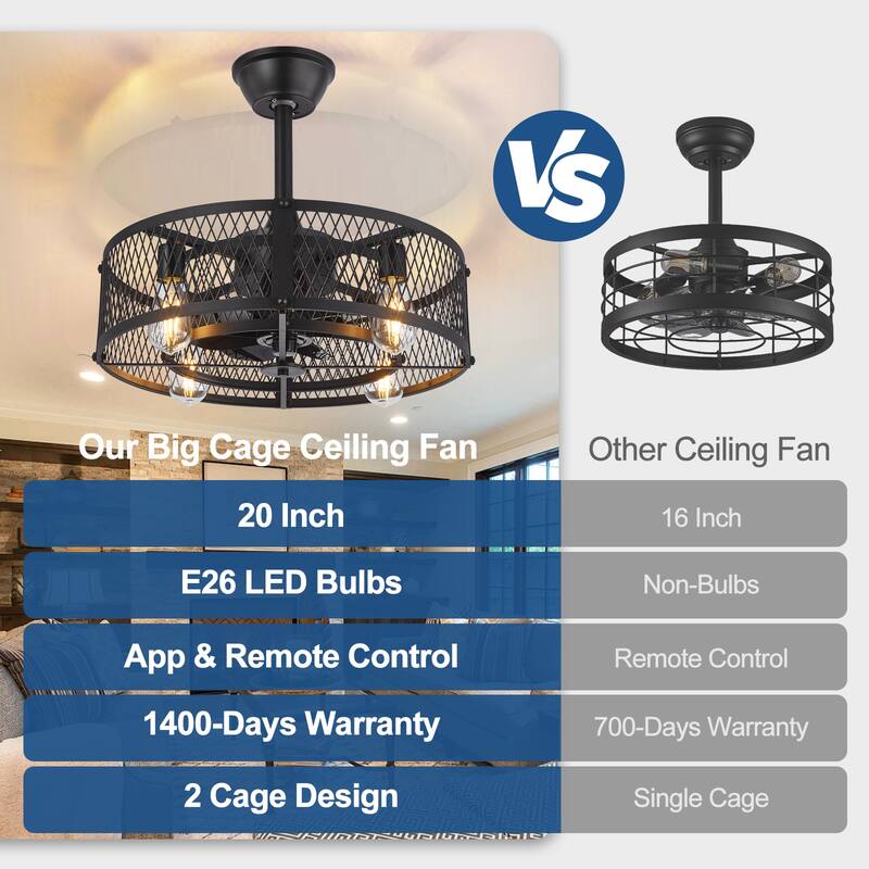 20-26" Caged outdoor Ceiling Fan with Light: Remote App Control-Farmhouse Fandelier Flush Mount Fixture Reversible 6 Speed Timer