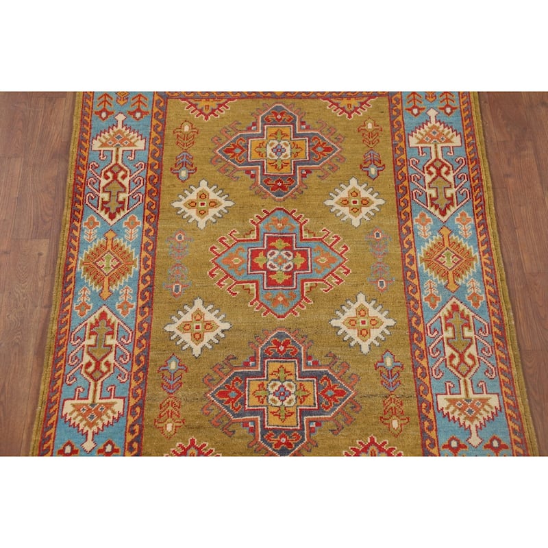 Kazak Accent Rug Handmade Yellow Geometric Wool Carpet - 3'4" x 4'10"