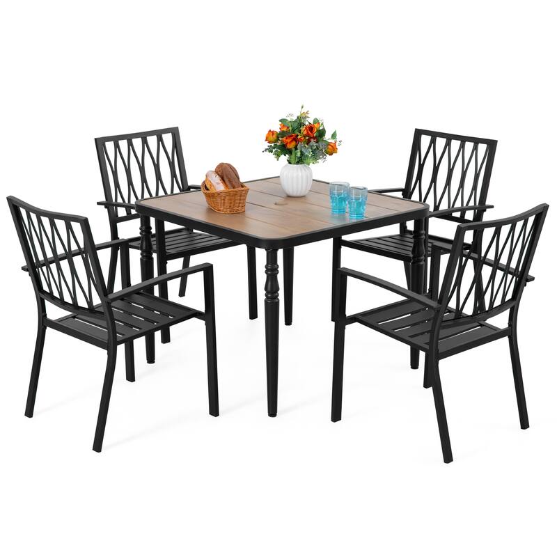 5PCS Patio Stackable Dining Set, Umbrella Hole and Wood-Grain Tabletop