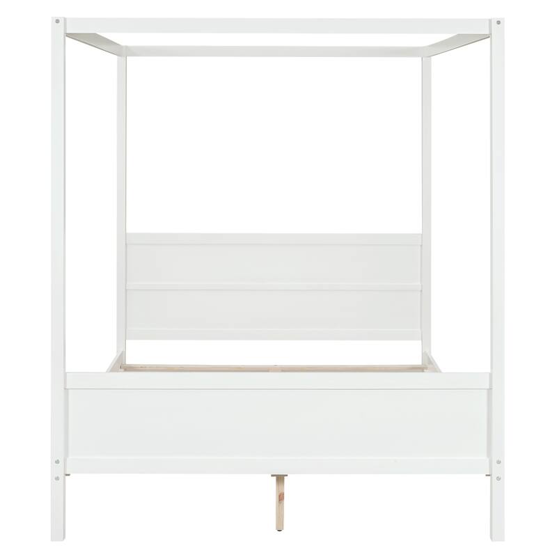 White Modern Pine Wood Canopy Bed, Headboard/Footboard, Storage Space Under