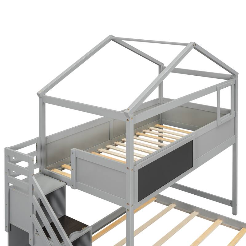 Twin Over Full House Bunk Bed with Built-in Storage and Blackboard - Durable Pine Wood Design
