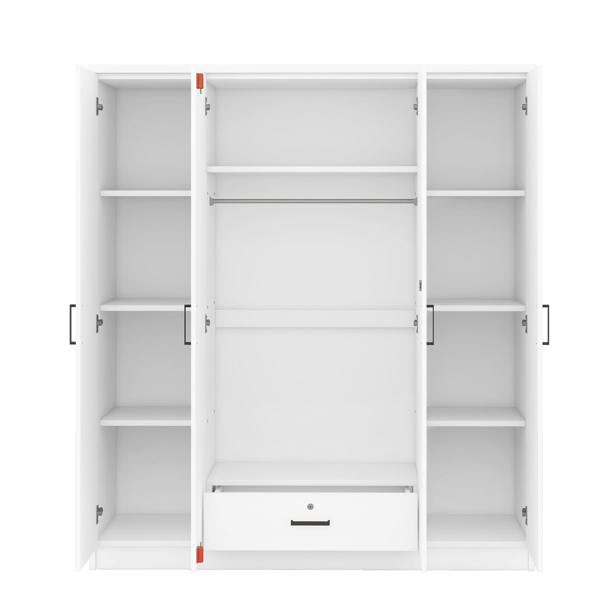 Modern 4Door Freestanding Closet Wardrobe with Drawer, Hanging Rod and