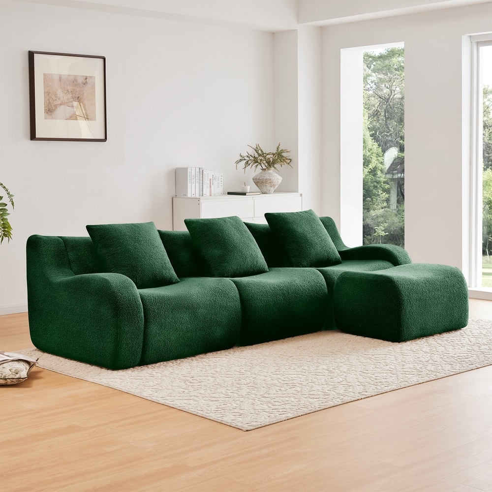 115.3" L-Shaped Boneless Sectional Sofa with Ottoman, Curved Armrests, Teddy Fabric Floor Upholstered Sofa for Living Room