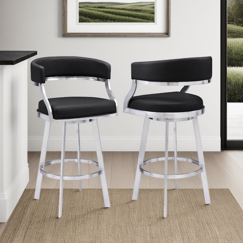 Armen Living Saturn Contemporary Barstool in Brushed Stainless Steel Finish and Black Faux Leather