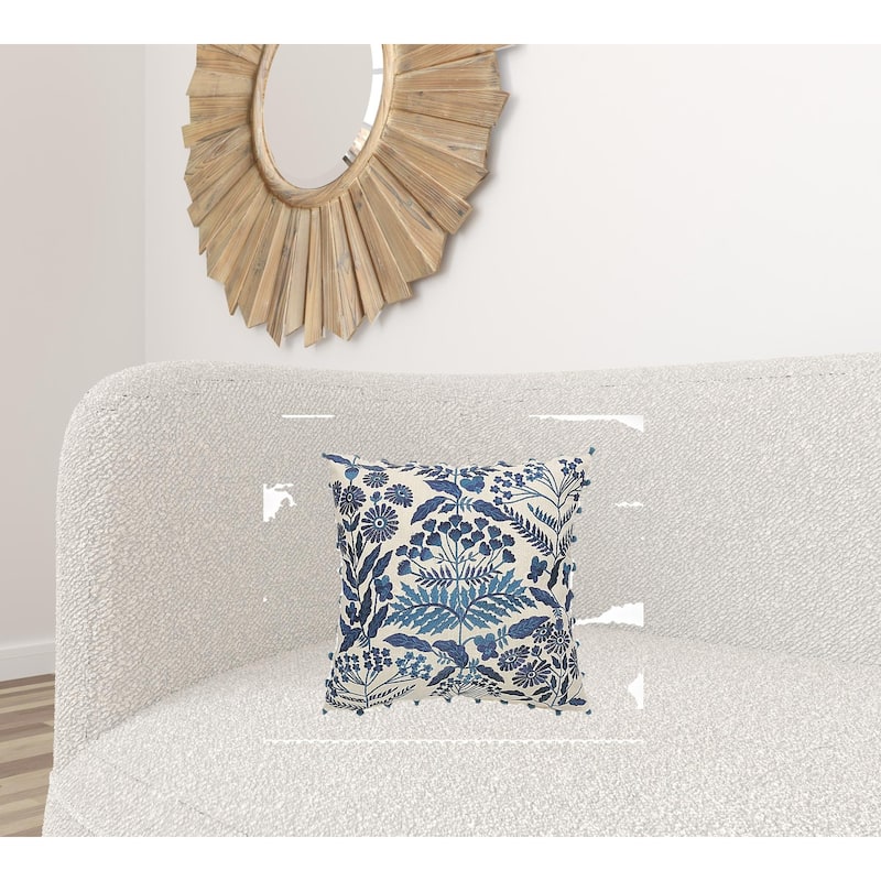 HomeRoots 20" X 20" Navy And Off-White 100% Cotton Floral Zippered Pillow