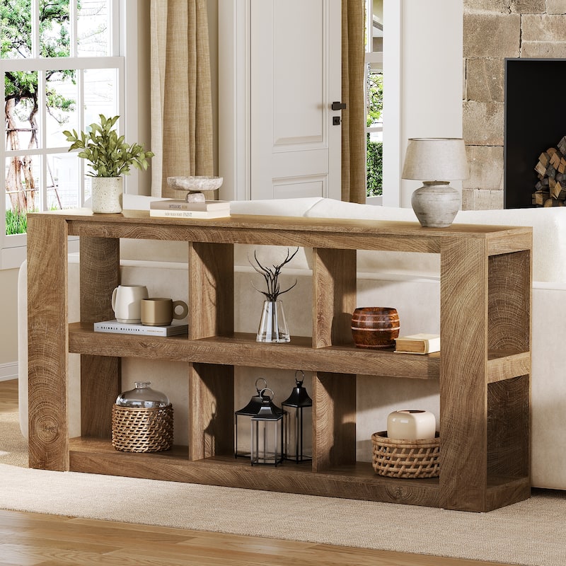 Farmhouse 63-Inch Console Table with Storage, 3-Tier Narrow Sofa Table for Entryway & Living Room - Brown