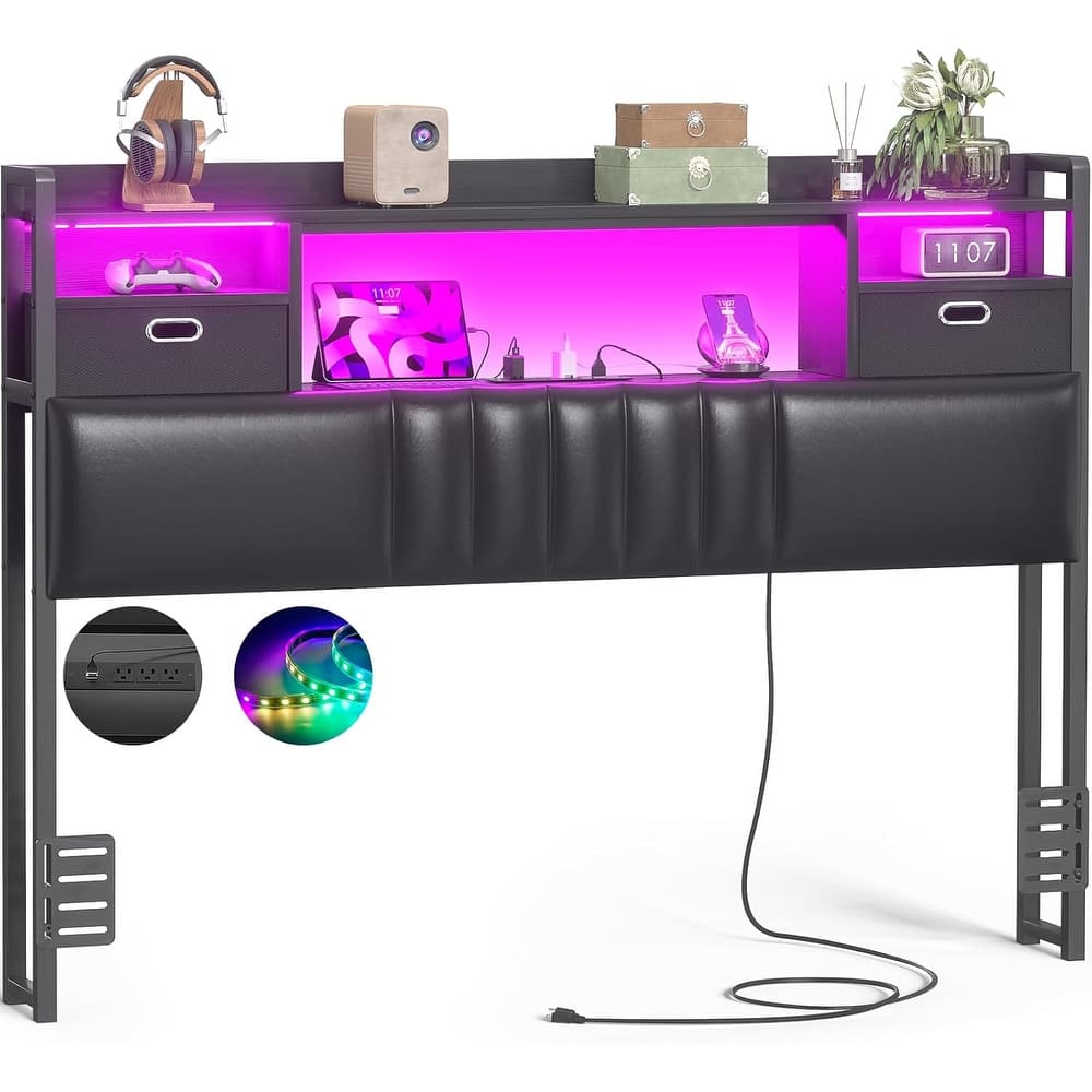 Upholstered Headboard with Drawer Storage and RGB LED Light, Sturdy Headboard with Charging Station ＆ Bookcase
