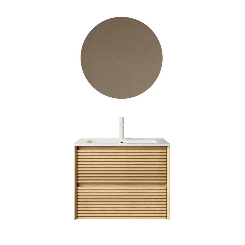 29" Bathroom Vanity with Premium Glossy White Ceramic Sink, Corolla Oak Grain Cabinet, Large Storage Drawers