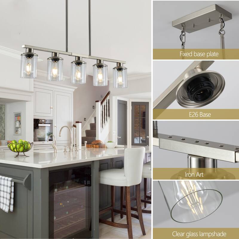 37" Brushed Nickel 5-Light Chandelier - Contemporary Kitchen Island Pendant Light with Clear Glass Shades - Chrome