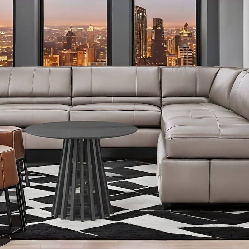 Black 31" Round Coffee Table Modern Mid-Century Wood Slatted Base - 19x20