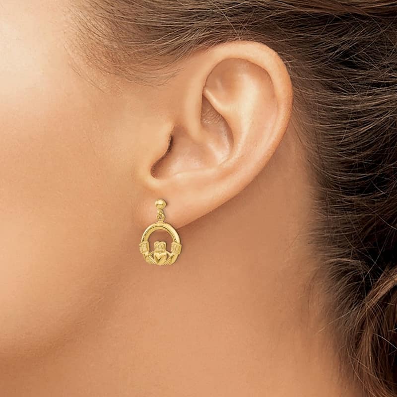 Curata 14k Yellow Gold Dangling Irish Claddagh Celtic Trinity Knot Post Earrings 21x14mm