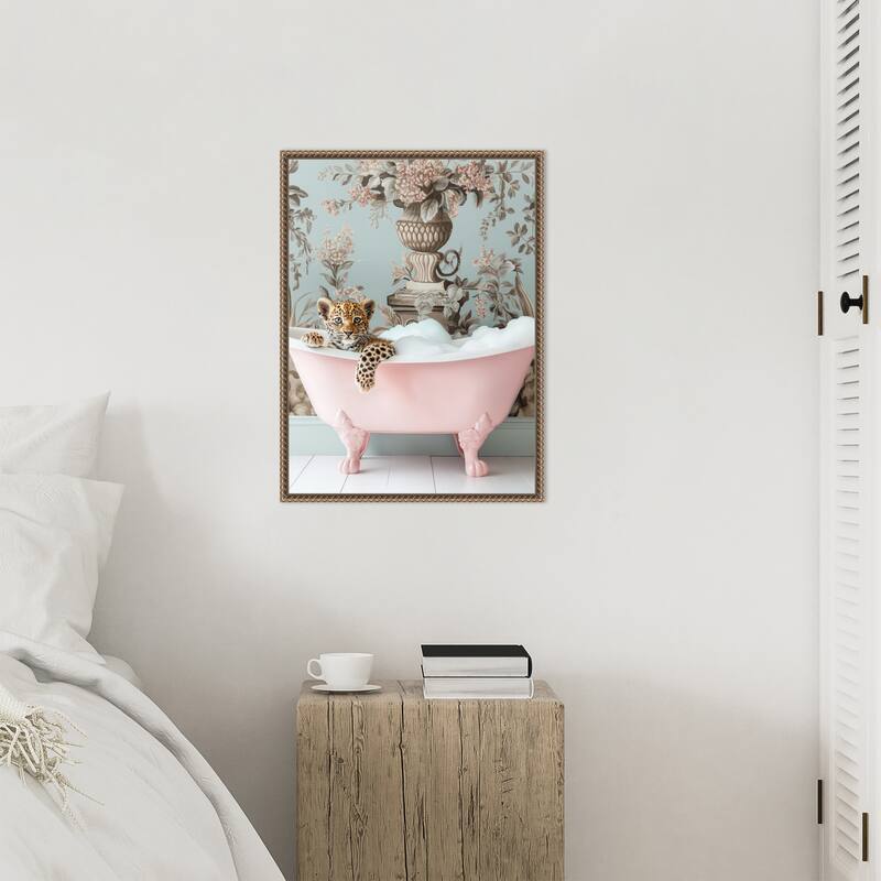 Leopard Pink Bubble Bath by Niky Rahner Framed Canvas Wall Art