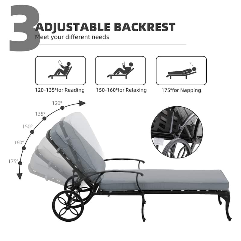 Aluminum Reclining Outdoor Chaise Lounge with Wheels and Cushions(set of 2)