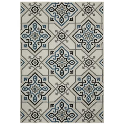 Roosevelt Beige Blue Geometric Medallion Outdoor Casual Area Rug