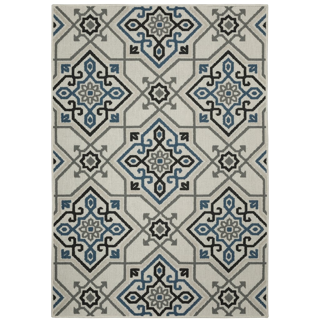 Roosevelt Beige Blue Geometric Medallion Outdoor Casual Area Rug