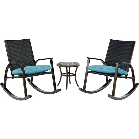Hanover Traditions 3-Piece Chat Set in Blue with 2 Aluminum Wicker Back Cushioned Rocking Chairs and 18-in. Side Table