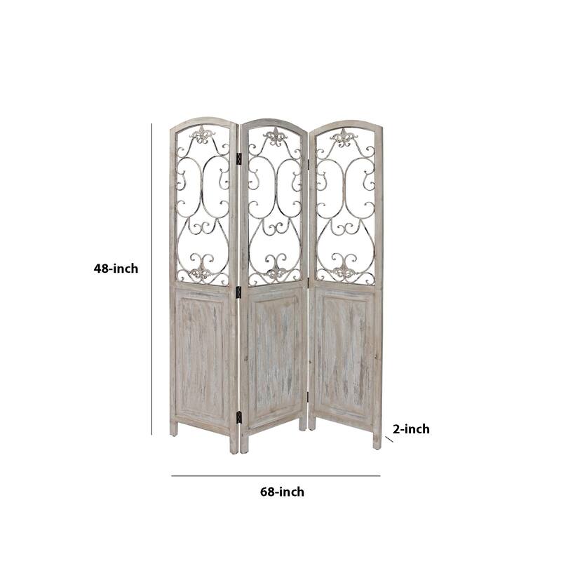 48 inch 3 Panel Screen with Metal Scrollwork, Washed Beige