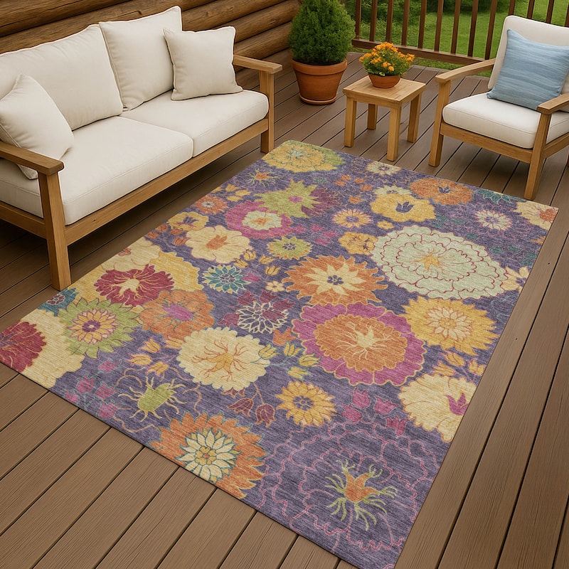 Machine Washable Indoor/ Outdoor Modern Floral Chantille Rug
