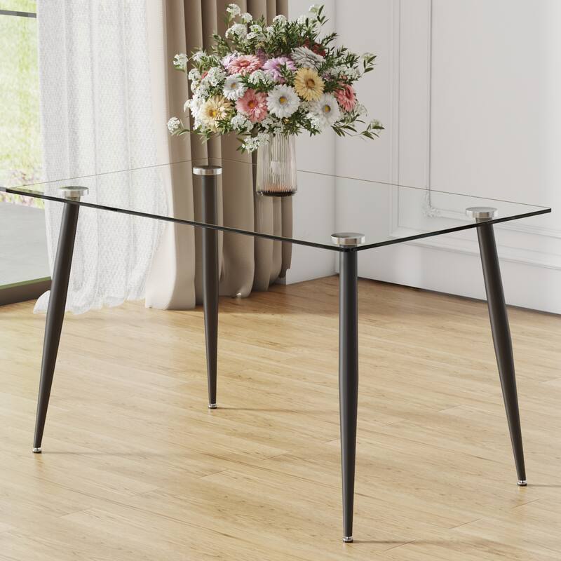 Modern Rectangular Glass Dining Table, Suitable For 4-6 People, Equipped With Tempered Glass Tabletop And Metal Legs