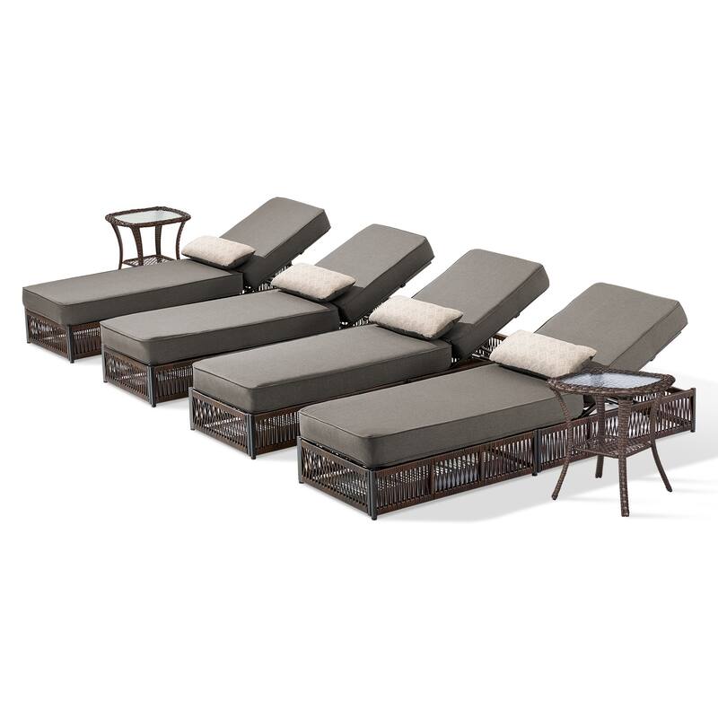 ArcoBay 6-Piece Brown Wicker Outdoor Patio Chaise Lounge with 5-Inch Thick Cushions and Side Table
