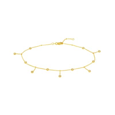 Curata 14k Yellow Gold 11pc Alternating Dangle and Plain Cubic Zirconia Station Anklet - 10 Inch
