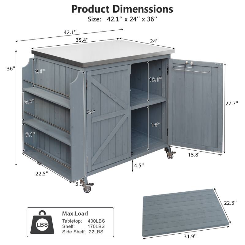 42.1" Outdoor Kitchen Island with Side Shelf, Stainless Steel Top, Adjustable Shelf & 4 Wheels