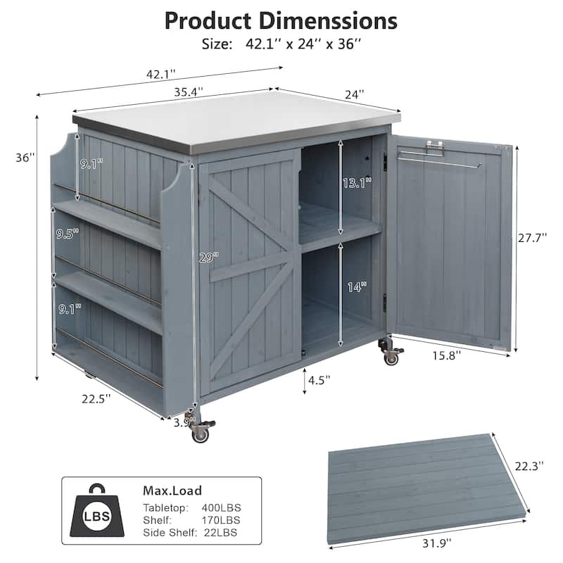 42.1" Outdoor Kitchen Island with Side Shelf, with Storage Cabinet, Outdoor Kitchen Cabinet, Adjustable Shelf and 4 Wheels