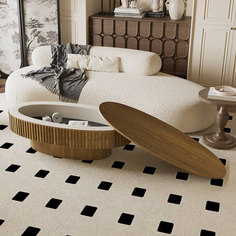 Modern Solid Wood Veneered Round/Oval/Rectangular Coffee Tea Table with Storage.