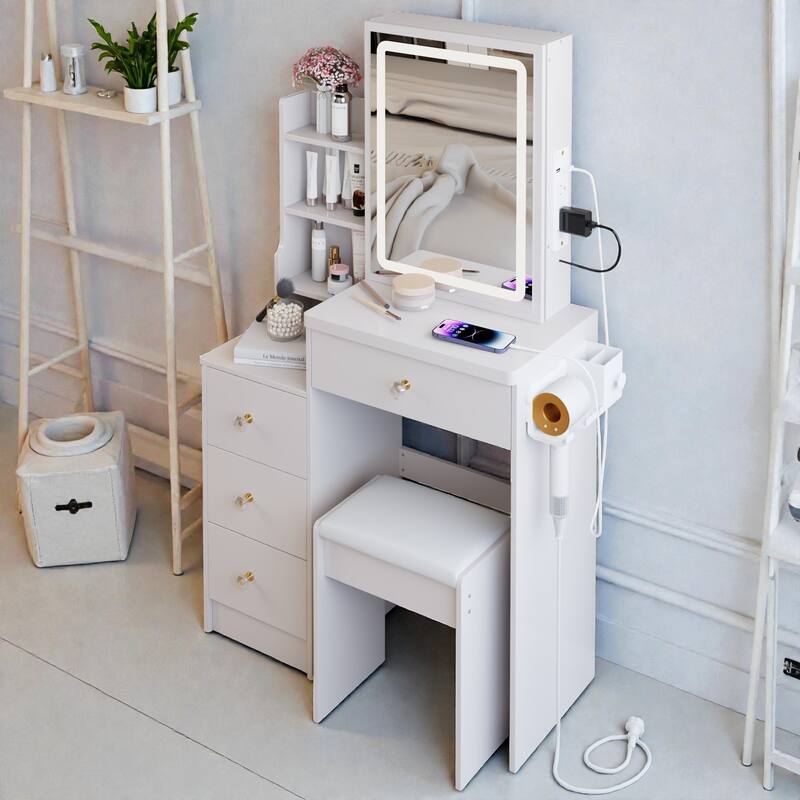 Small Vanity Table with Sliding LED Mirror, 2 AC & 2 USB Charging Station, Hair Dryer Holder & Stool for Bedroom