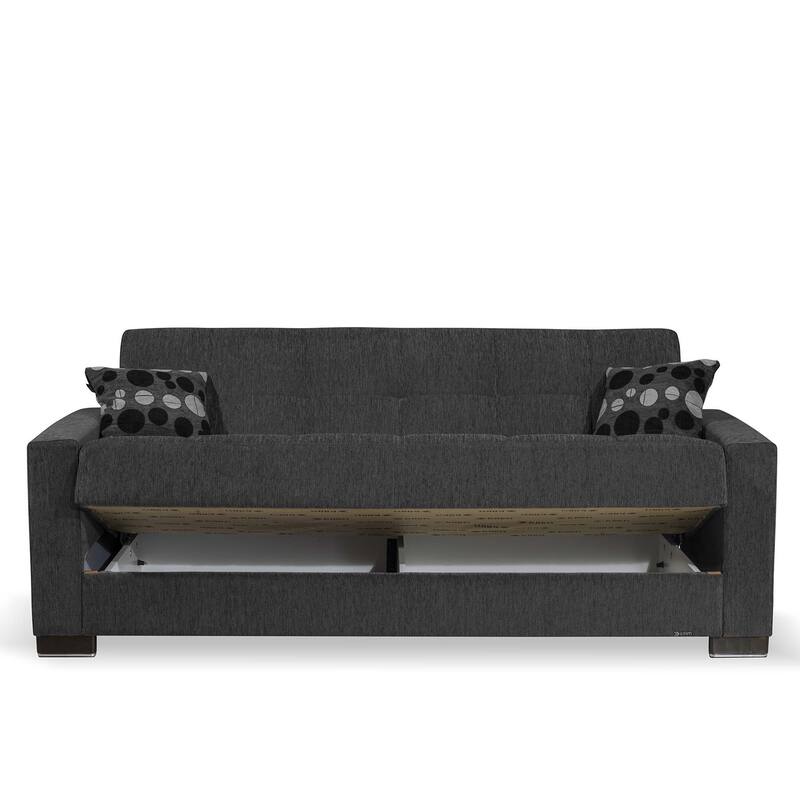 HomeRoots 87" Dark Gray Chenille Convertible Futon Sleeper Sofa And Toss Pillows With Storage